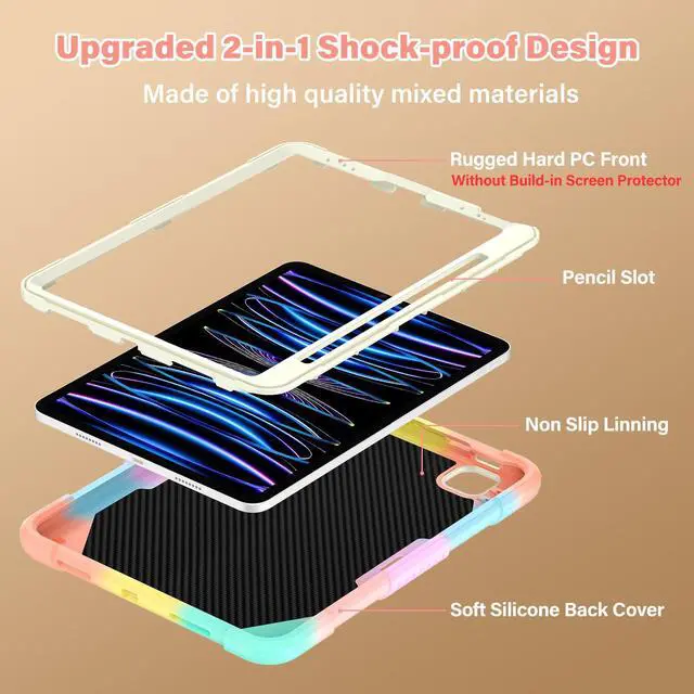 Alt view image 3 of 5 - HOGENL for iPad Pro 11 inch Case for Kids Girl with Pencil Holder,for iPad Air 5th/4th Generation Case 10.9" with Butterfly Stand Shoulder Strap Protective Cover for pro 11 4th/3rd/2nd/1st, Colourful