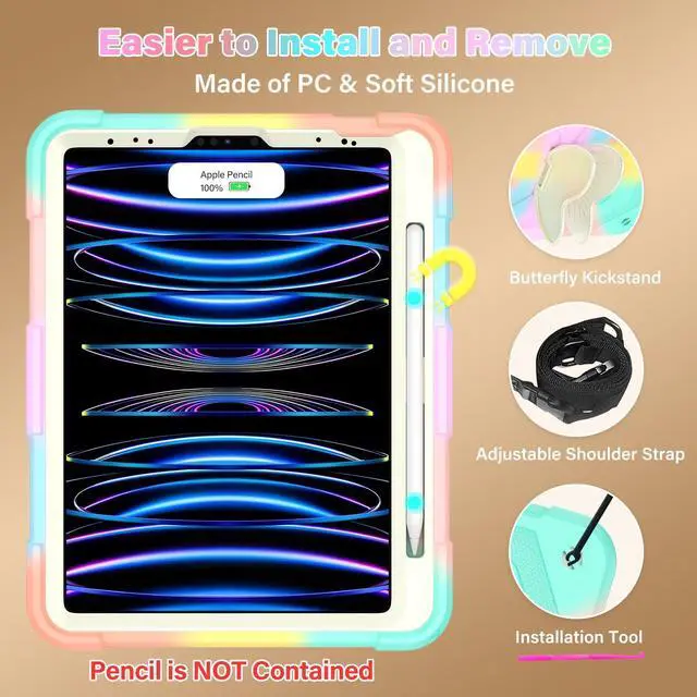 Alt view image 4 of 5 - HOGENL for iPad Pro 11 inch Case for Kids Girl with Pencil Holder,for iPad Air 5th/4th Generation Case 10.9" with Butterfly Stand Shoulder Strap Protective Cover for pro 11 4th/3rd/2nd/1st, Colourful