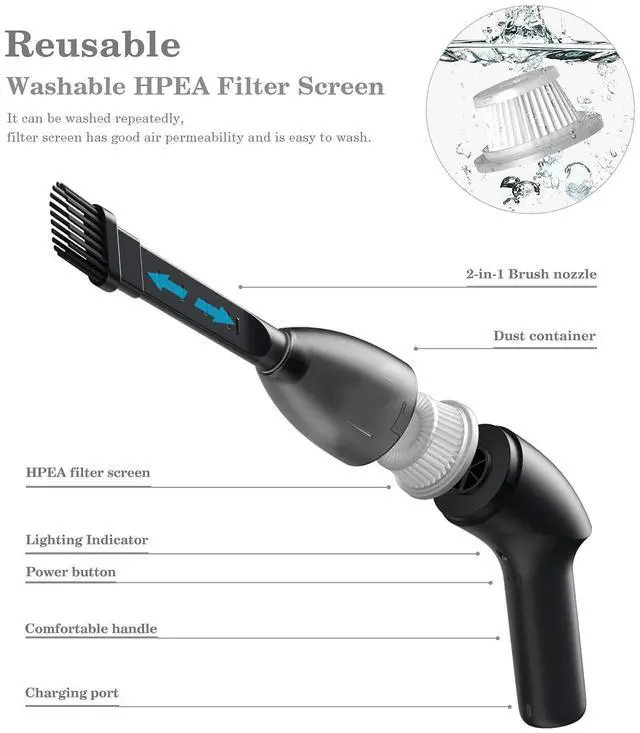 Alt view image 3 of 5 - HONKYOB Mini Vacuum Cleaner-Rechargeable,Cordless,Desk Vacuum Cleaner for Dust,Hair,Crumbs,Car,Sewing Machine (H043)