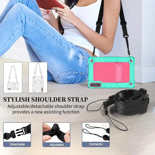 Alt view image 3 of 5 - Hoibon for KADYBE D106 Tablet Case,for MEIZE D106 Case,Shockproof Kids Case with 2 Pcs Screen Protector Shoulder Strap for KADYBE D106/MEIZE D106/VOZIZOV D106/FEONAL Android 14 10 inch (Green/Pink)