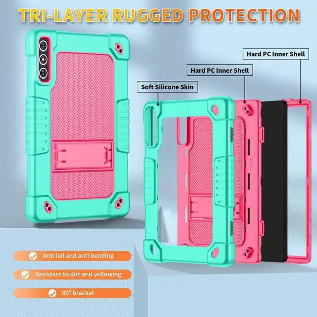 Alt view image 2 of 5 - Hoibon for KADYBE D106 Tablet Case,for MEIZE D106 Case,Shockproof Kids Case with 2 Pcs Screen Protector Shoulder Strap for KADYBE D106/MEIZE D106/VOZIZOV D106/FEONAL Android 14 10 inch (Green/Pink)