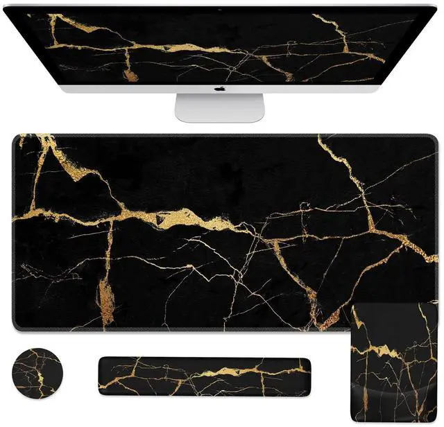 Main image of iCasso Desk mat Set Desk Pad,Computer Keyboard Mat+Mouse Pad with Wrist Support + Keyboard Wrist Rest+Coaster, 4in1 Mouse Pads with Wrist Rests Non-Slip for Home Office Gaming,Gold Marble