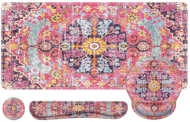 Main image of iLeadon Mouse Pad Set, Boho Desk Mat + Mouse Pad with Wrist Rest + Keyboard Wrist Rest + Coaster, 4in1 Mouse and Keyboard Pad Set for Home Office, Rug Fuchsia