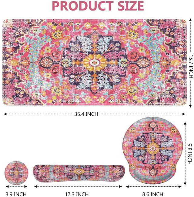 Alt view image 2 of 5 - iLeadon Mouse Pad Set, Boho Desk Mat + Mouse Pad with Wrist Rest + Keyboard Wrist Rest + Coaster, 4in1 Mouse and Keyboard Pad Set for Home Office, Rug Fuchsia