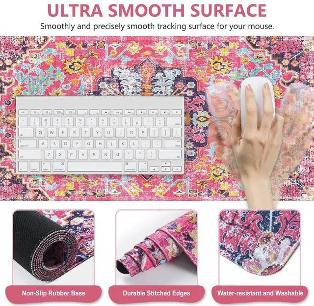 Alt view image 5 of 5 - iLeadon Mouse Pad Set, Boho Desk Mat + Mouse Pad with Wrist Rest + Keyboard Wrist Rest + Coaster, 4in1 Mouse and Keyboard Pad Set for Home Office, Rug Fuchsia