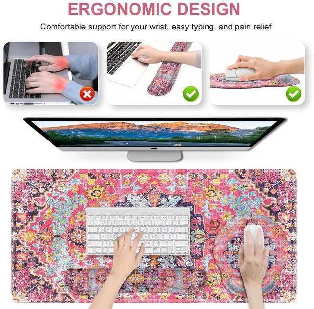 Alt view image 4 of 5 - iLeadon Mouse Pad Set, Boho Desk Mat + Mouse Pad with Wrist Rest + Keyboard Wrist Rest + Coaster, 4in1 Mouse and Keyboard Pad Set for Home Office, Rug Fuchsia