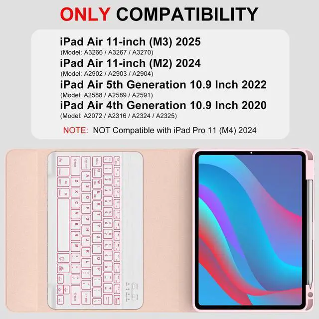 Alt view image 2 of 5 - IVEOPPE for iPad Air 11-inch(M3 2025/ M2 2024) Air 5th/4th Gen Case with Keyboard-7 Color Backlit, Detachable Wireless Bluetooth Keyboard, Auto Wake/Sleep, Portable Rechargeable,Pink,Backlit