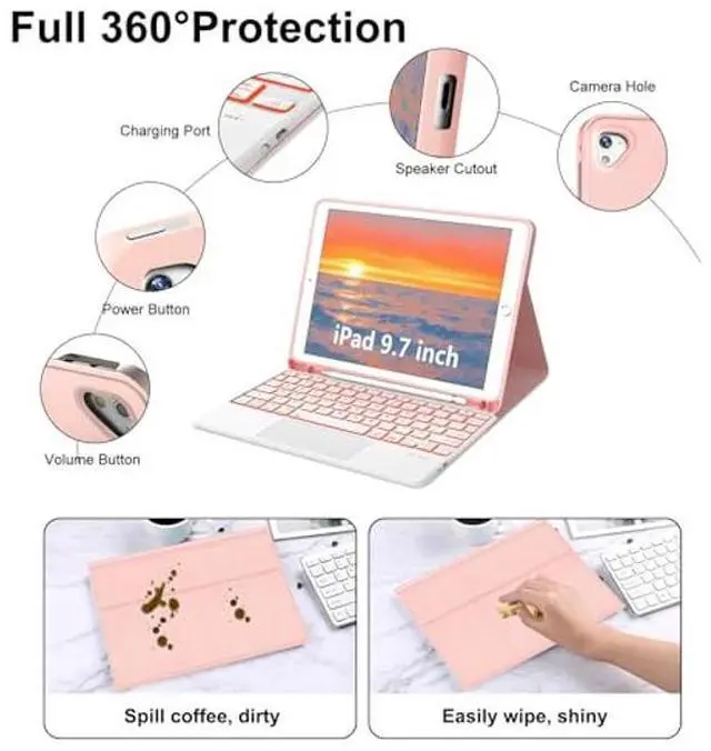 Alt view image 4 of 5 - for iPad Keyboard case 9.7 inch, iPad 6th Gen (2018), iPad 5th Gen (2017), iPad Air 2 (2014), Multi-Touch Trackpad, Detachable Backlit Folio Keyboard Slim Cover with Pencil Holder,Rose Gold