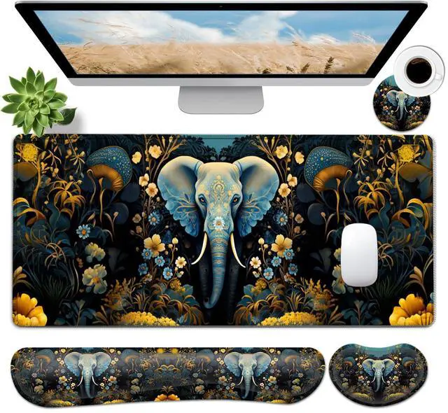 Main image of JVGFYNKL Large Gaming Mouse Pad Set, Ergonomic Memory Foam Keyboard Wrist Rest Support + Mouse Wrist Rest + Extended Desk Mat with Non-Slip Rubber Base, The Golden Elephant Pattern Desk Pad