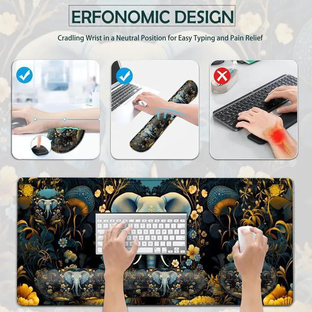Alt view image 3 of 5 - JVGFYNKL Large Gaming Mouse Pad Set, Ergonomic Memory Foam Keyboard Wrist Rest Support + Mouse Wrist Rest + Extended Desk Mat with Non-Slip Rubber Base, The Golden Elephant Pattern Desk Pad