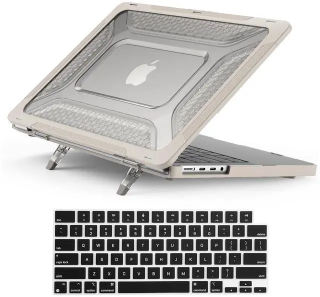 Main image of KEROM Heavy Duty Case for MacBook Pro 14 inch 2024-2021 M4 M3 M2 M1 Pro/Max Chip A3112 A3185 A3401 A2918 A2992 A2779 A2442, Rugged TPU Bumper Hard Shell with Foldable Kickstand & Keyboard Cover, Beige