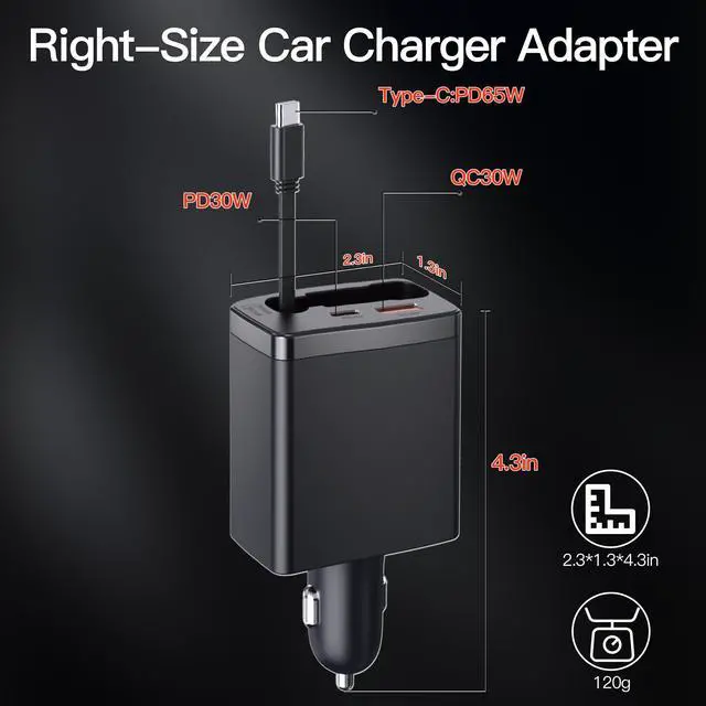 Alt view image 2 of 5 - Laptop Car Charger Adapter,Car Charger with Single Retractable Charging Cables,3 in 1 Fast Car Phone Charger, USB-A,Type-C and Type-C Telescopic Cable Interface Car Charger Adapter-3ft