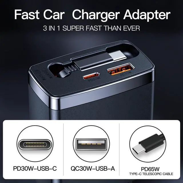 Alt view image 3 of 5 - Laptop Car Charger Adapter,Car Charger with Single Retractable Charging Cables,3 in 1 Fast Car Phone Charger, USB-A,Type-C and Type-C Telescopic Cable Interface Car Charger Adapter-3ft