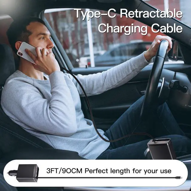 Alt view image 4 of 5 - Laptop Car Charger Adapter,Car Charger with Single Retractable Charging Cables,3 in 1 Fast Car Phone Charger, USB-A,Type-C and Type-C Telescopic Cable Interface Car Charger Adapter-3ft