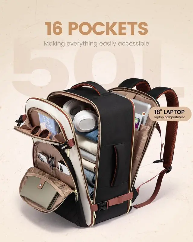 Alt view image 4 of 5 - LOVEVOOK Travel Backpack Carry on Flight Approved 50L,Waterproof TSA Travel Essentials Personal Item Backpack for Women Men,Large Carry on Luggage Suitcase Travel Bag for Airplane with 3 Packing Cubes