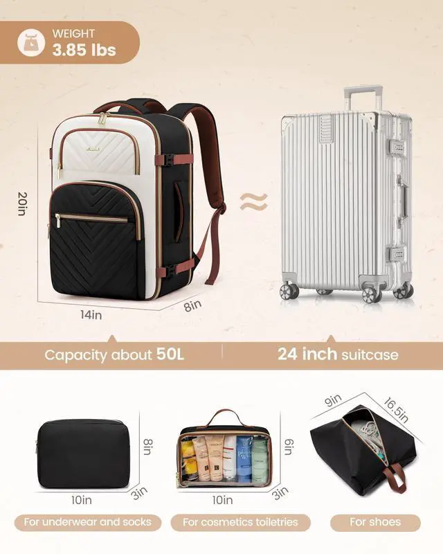 Alt view image 5 of 5 - LOVEVOOK Travel Backpack Carry on Flight Approved 50L,Waterproof TSA Travel Essentials Personal Item Backpack for Women Men,Large Carry on Luggage Suitcase Travel Bag for Airplane with 3 Packing Cubes