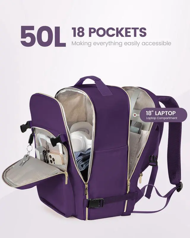 Alt view image 3 of 5 - LOVEVOOK Carry on Travel Backpack, 50L Waterproof Large 18 inch Laptop Luggage Daypack as Personal Item Flight Approved, Business Weekender Overnight with 3 Packing Cubes, Dark purple
