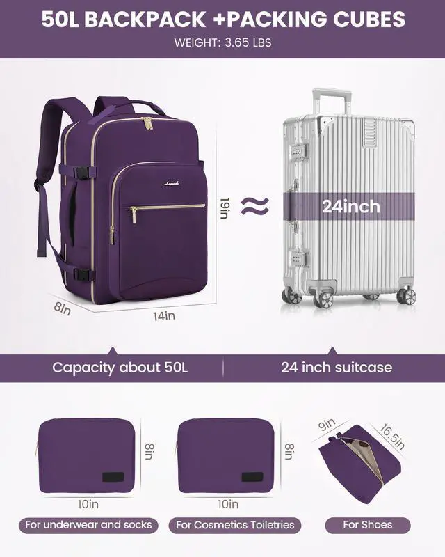 Alt view image 5 of 5 - LOVEVOOK Carry on Travel Backpack, 50L Waterproof Large 18 inch Laptop Luggage Daypack as Personal Item Flight Approved, Business Weekender Overnight with 3 Packing Cubes, Dark purple