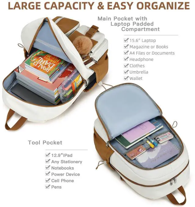 Alt view image 2 of 5 - Laptop Backpack 15.6 Inch Elementary Middle High School Bag College Backpacks with Lunch Box Pencil Pouch 3 PCS Set Travel Bookbags for Teens Girls Women Students (Beige Khaki)