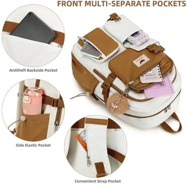 Alt view image 3 of 5 - Laptop Backpack 15.6 Inch Elementary Middle High School Bag College Backpacks with Lunch Box Pencil Pouch 3 PCS Set Travel Bookbags for Teens Girls Women Students (Beige Khaki)