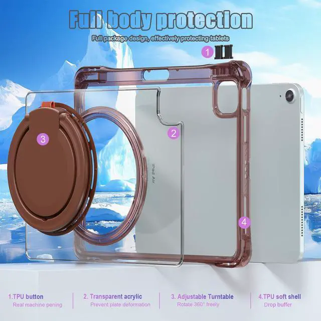 Alt view image 4 of 5 - MEEgoodo for iPad Air 11 inch Case 7th/6th Generation(M3/M2) 2025 2024 & iPad Air 5th/4th Gen 10.9 inch 2022 2020, Glitter Tablet Cover with Rotating Stand/Transparent Acrylic/Pencil Holder, Chocolate