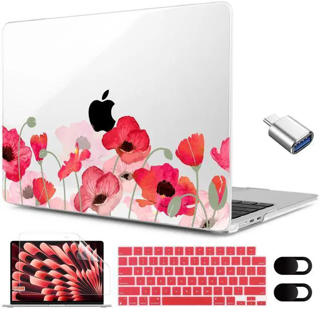 Main image of MEEgoodo for M4/M3/M2 MacBook Air 15.3 inch Case 2025 2024 2023, Case Fit Model (A3241/A3114/A2941) for MacBook Air 15 inch, Laptop Hard Shell with Keyboard Cover, Hand Drawn Poppy