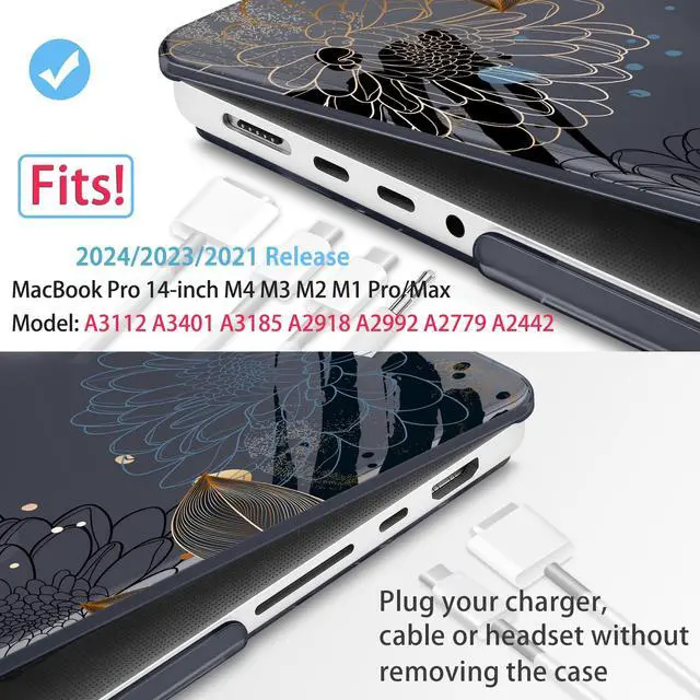 Alt view image 2 of 5 - Mektron Case for MacBook Pro 14 inch 2024 2023 2021 Model M4 A3112 A3401 A3185 M3 A2918 A2992 M2 A2779 M1 A2442 Pro/Max, Plastic Hard Shell Case Cover for MacBook Pro 14", Line Chrysanthemums