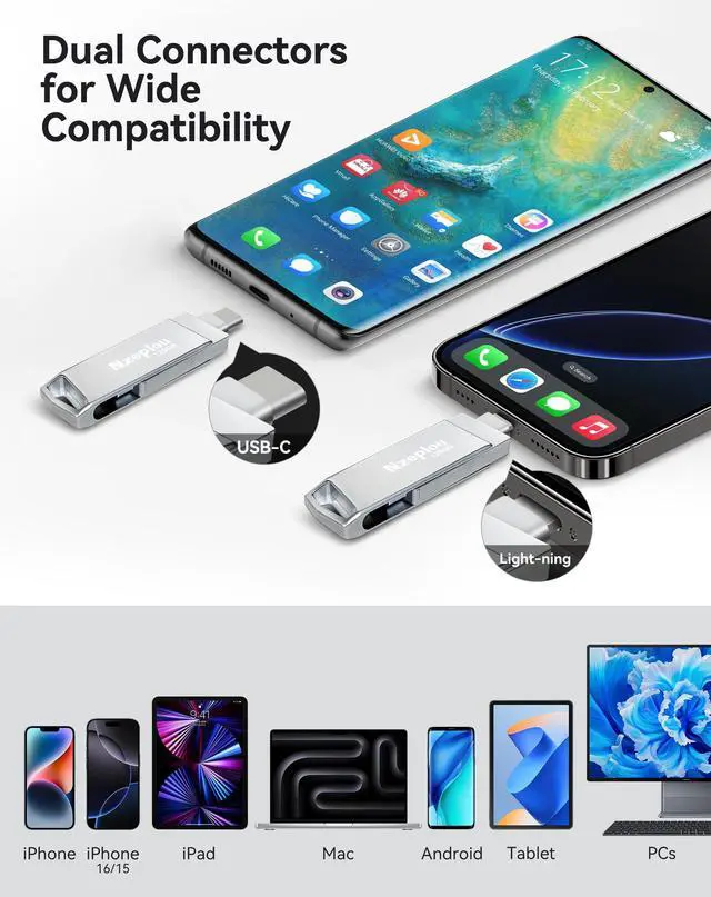 Alt view image 2 of 5 - 128GB Flash Drive for iPhone iPad, USB3.0 High-Speed Memory Stick No App Needed, Lightening & USB-C External Memory Storage for Photos Videos, Picture Backup Thumb Drive Plug & Play(Silver)