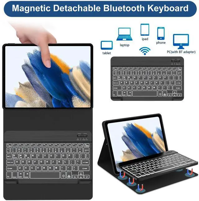 Alt view image 5 of 5 - Keyboard Case for Samsung Galaxy Tab A8 10.5 inch 2022, 7 Colors Backlit & Magnetic Detachable Bluetooth Keyboard, Slim Soft Folio Tablet Cover Case for Tab A8 SM-X200/X205/X207, Auto Sleep/Wake Up