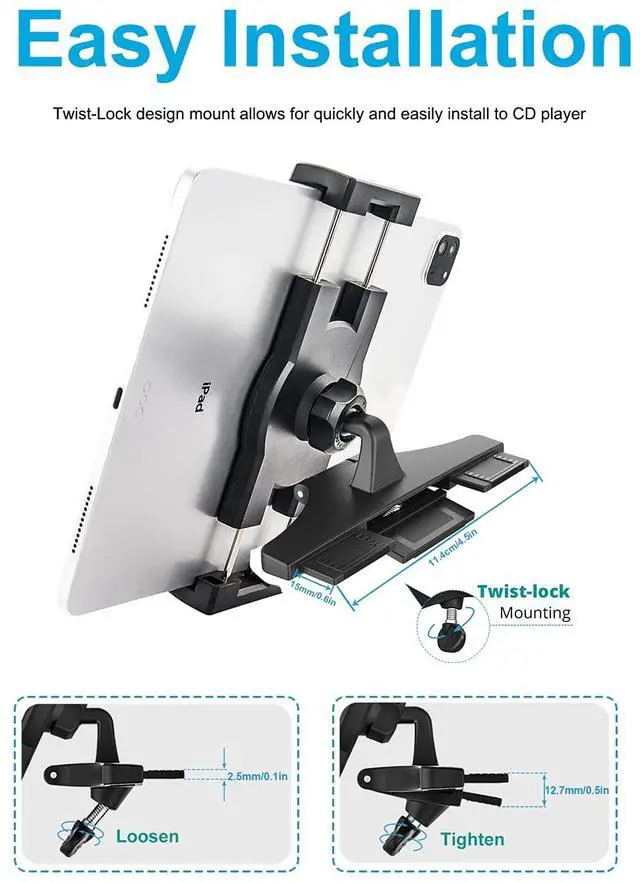 Alt view image 4 of 5 - Phichy Car CD Slot Tablet Mount Holder for 4.7"-13" Phone & iPad Ultra Sturdy CD Player Car Tablet Holder Stand with 360deg Rotation, Compatible with iPad Pro/Air/Mini, Galaxy Tabs, iPhone, Tablets