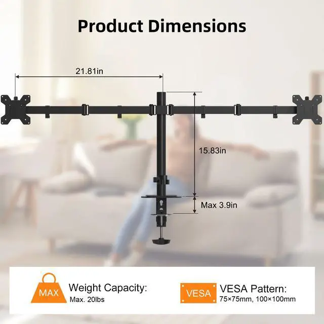 Alt view image 2 of 5 - Pholiten Dual Monitor Stand, Heavy Duty Adjustable Monitor Arm Desk Mount for 2 Screens up to 42Inches, Tilt, Swivel, Rotate, Supports Tilt, Swivel, Rotate, Supports 22 lbs per Arm,Black