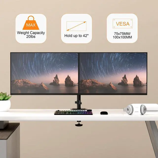 Alt view image 3 of 5 - Pholiten Dual Monitor Stand, Heavy Duty Adjustable Monitor Arm Desk Mount for 2 Screens up to 42Inches, Tilt, Swivel, Rotate, Supports Tilt, Swivel, Rotate, Supports 22 lbs per Arm,Black