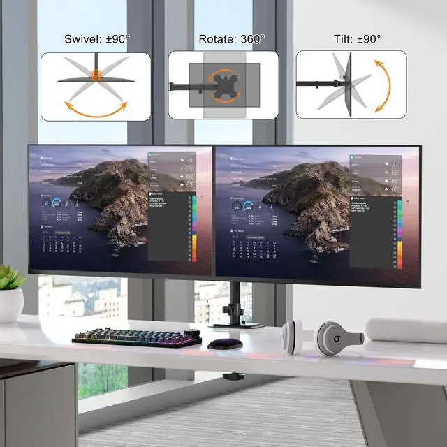 Alt view image 4 of 5 - Pholiten Dual Monitor Stand, Heavy Duty Adjustable Monitor Arm Desk Mount for 2 Screens up to 42Inches, Tilt, Swivel, Rotate, Supports Tilt, Swivel, Rotate, Supports 22 lbs per Arm,Black