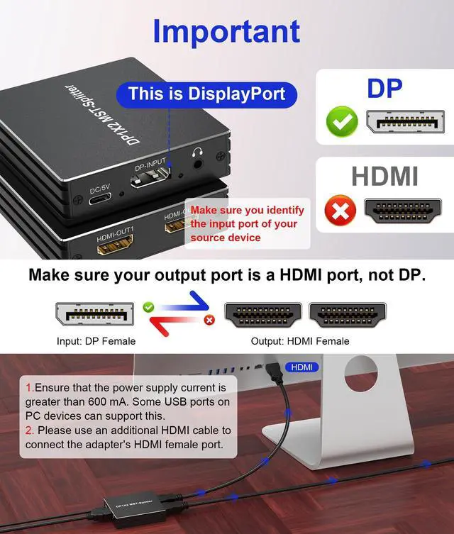 Alt view image 2 of 5 - DisplayPort to Dual HDMI Splitter - 4K@60Hz Adapter for Dual Monitors Extended Display SST/MST Specification Display Port in 2 HDMI Out for Desktop, Laptop, NVIDIA, AMD Graphics Card, HDCP 2.3, HDR10