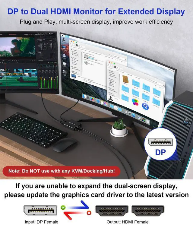 Alt view image 3 of 5 - DisplayPort to Dual HDMI Splitter - 4K@60Hz Adapter for Dual Monitors Extended Display SST/MST Specification Display Port in 2 HDMI Out for Desktop, Laptop, NVIDIA, AMD Graphics Card, HDCP 2.3, HDR10