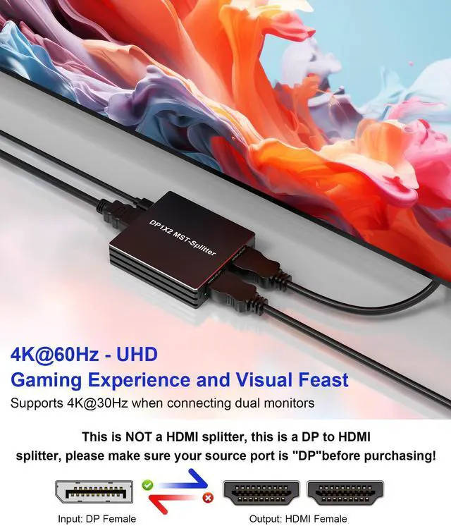 Alt view image 5 of 5 - DisplayPort to Dual HDMI Splitter - 4K@60Hz Adapter for Dual Monitors Extended Display SST/MST Specification Display Port in 2 HDMI Out for Desktop, Laptop, NVIDIA, AMD Graphics Card, HDCP 2.3, HDR10