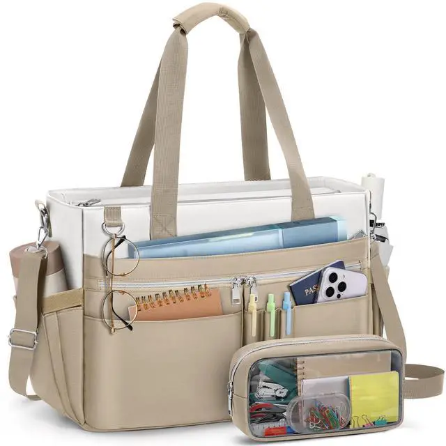 Main image of RAINSMORE Teacher Tote Bag for Women 15.6 Inch Laptop Briefcase with Clutch Bag, Nurse Bags Professional Work Handbag for Office College Nursing, Utility Tote Messenger Shoulder Bag, White And khaki