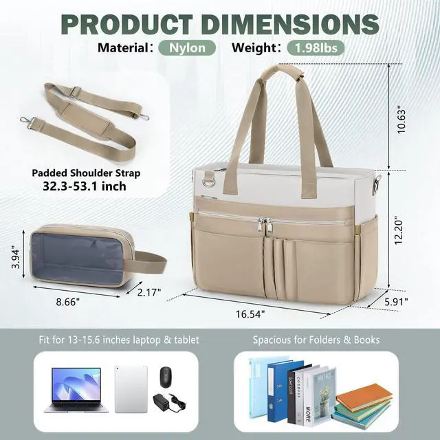 Alt view image 4 of 5 - RAINSMORE Teacher Tote Bag for Women 15.6 Inch Laptop Briefcase with Clutch Bag, Nurse Bags Professional Work Handbag for Office College Nursing, Utility Tote Messenger Shoulder Bag, White And khaki