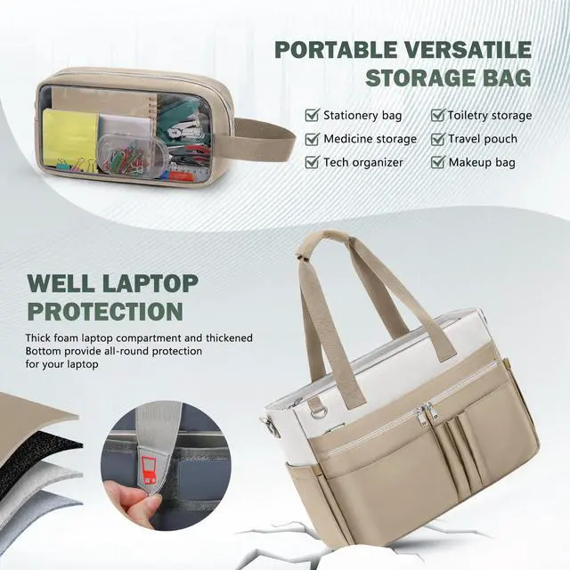 Alt view image 5 of 5 - RAINSMORE Teacher Tote Bag for Women 15.6 Inch Laptop Briefcase with Clutch Bag, Nurse Bags Professional Work Handbag for Office College Nursing, Utility Tote Messenger Shoulder Bag, White And khaki
