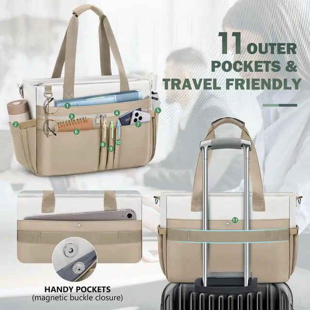 Alt view image 3 of 5 - RAINSMORE Teacher Tote Bag for Women 15.6 Inch Laptop Briefcase with Clutch Bag, Nurse Bags Professional Work Handbag for Office College Nursing, Utility Tote Messenger Shoulder Bag, White And khaki