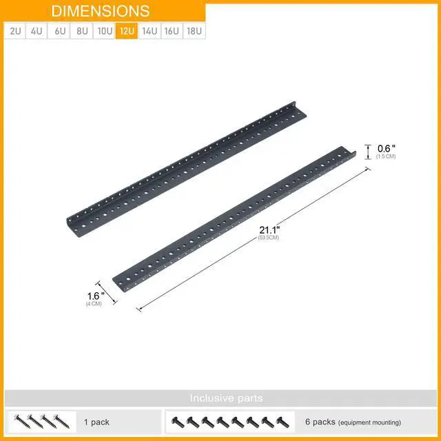 Alt view image 5 of 5 - RIVECO 12U Rack Rails 2 PCS, Tapered Holes Horizontal & Vertical Rackmount Rails for Recording & Network Wooden Cabinet Mounting, 3.0 mm Thickness Steel Heavy Duty, Screws Included