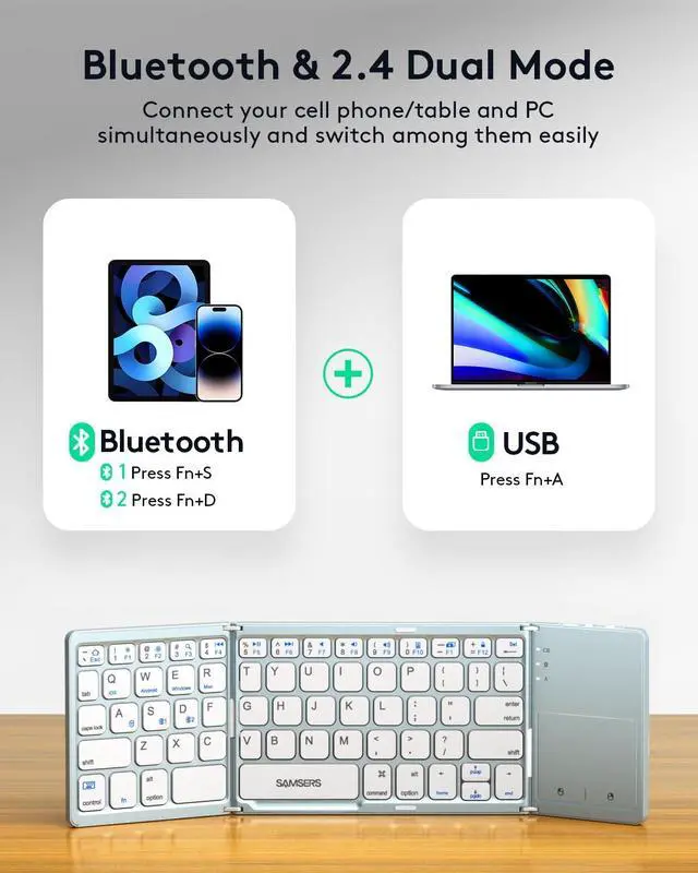 Alt view image 2 of 5 - Samsers Multi-Device Foldable Bluetooth Keyboard with Touchpad, Rechargeable Dual-Mode(2.4G+BTx2) Wireless Keyboard with Holder, Portable Folding Key Board for Android Windows iOS Mac OS - Blue