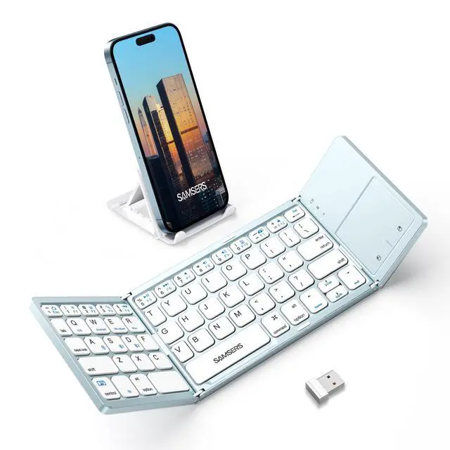 Main image of Samsers Multi-Device Foldable Bluetooth Keyboard with Touchpad, Rechargeable Dual-Mode(2.4G+BTx2) Wireless Keyboard with Holder, Portable Folding Key Board for Android Windows iOS Mac OS - Blue