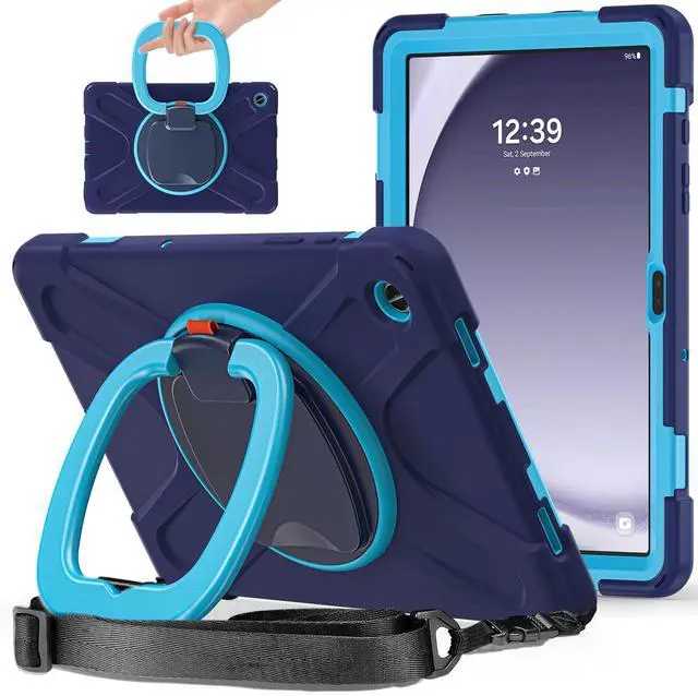 Main image of 360 Rotation Case for Galaxy Tab A9+ A9 Plus 11'' 2023 SM-X210/X215/X216,with Shoulder Strap Rotatable Kickstand/Handle Rugged Silicone Child Protective Cover,Navy Blue+Blue