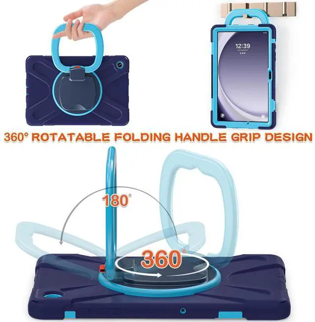 Alt view image 2 of 5 - 360 Rotation Case for Galaxy Tab A9+ A9 Plus 11'' 2023 SM-X210/X215/X216,with Shoulder Strap Rotatable Kickstand/Handle Rugged Silicone Child Protective Cover,Navy Blue+Blue