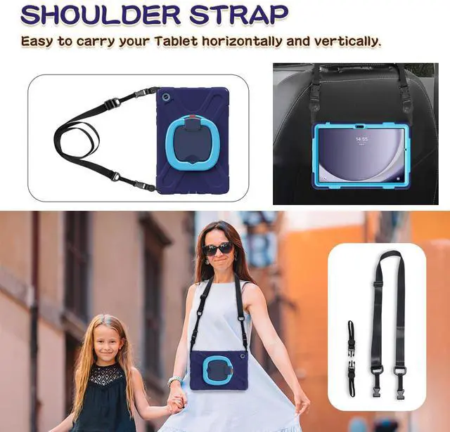 Alt view image 4 of 5 - 360 Rotation Case for Galaxy Tab A9+ A9 Plus 11'' 2023 SM-X210/X215/X216,with Shoulder Strap Rotatable Kickstand/Handle Rugged Silicone Child Protective Cover,Navy Blue+Blue