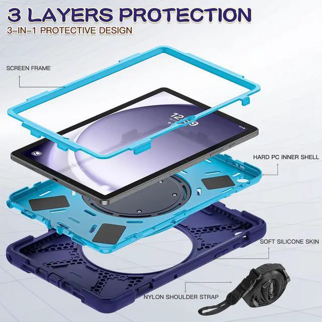 Alt view image 3 of 5 - 360 Rotation Case for Galaxy Tab A9+ A9 Plus 11'' 2023 SM-X210/X215/X216,with Shoulder Strap Rotatable Kickstand/Handle Rugged Silicone Child Protective Cover,Navy Blue+Blue