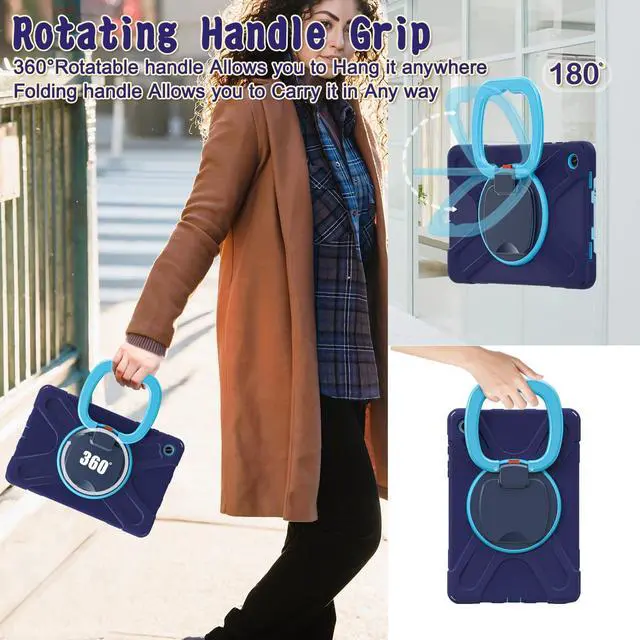 Alt view image 5 of 5 - 360 Rotation Case for Galaxy Tab A9+ A9 Plus 11'' 2023 SM-X210/X215/X216,with Shoulder Strap Rotatable Kickstand/Handle Rugged Silicone Child Protective Cover,Navy Blue+Blue
