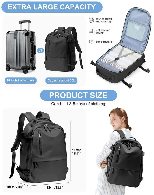 Alt view image 2 of 5 - Travel Backpack for Women Men, Carry on Backpack Flight Approved Item Bag,Casual Daypacks Cabin Bagage,Hiking Backpack Lightweight Rucksack, Business Laptop Backpack with USB Charger Black Large