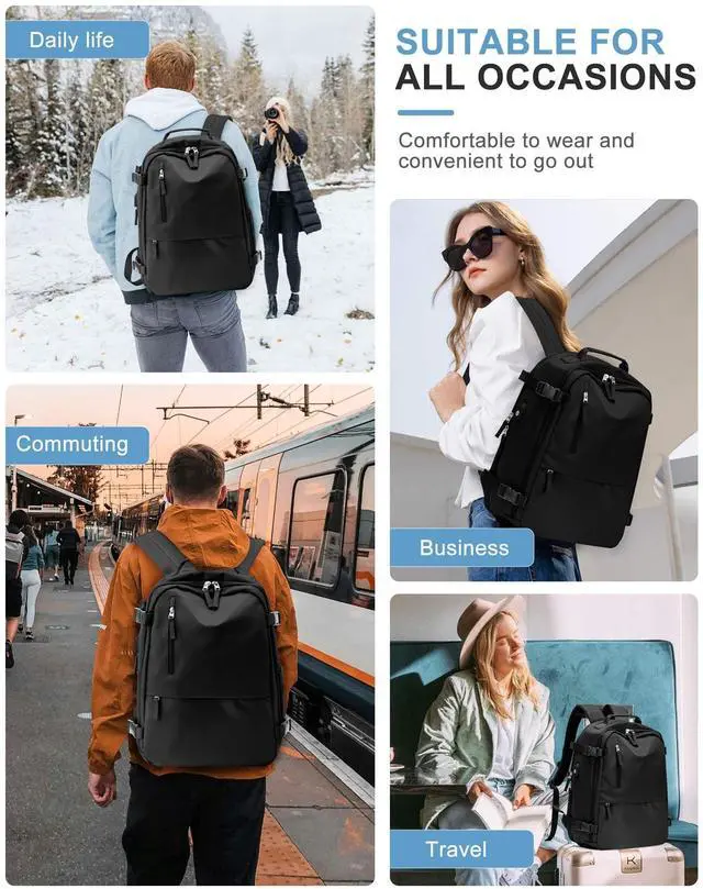 Alt view image 3 of 5 - Travel Backpack for Women Men, Carry on Backpack Flight Approved Item Bag,Casual Daypacks Cabin Bagage,Hiking Backpack Lightweight Rucksack, Business Laptop Backpack with USB Charger Black Large